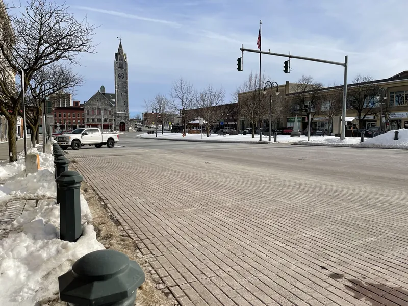 Snowbanks along Watertown's Public Square in winter