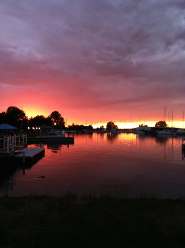 Sunset over the Sackets Harbor waterfront on Lake Ontario