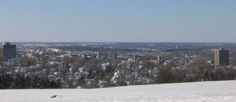 Snow on the hill at Thompson Park, looking out over Watertown